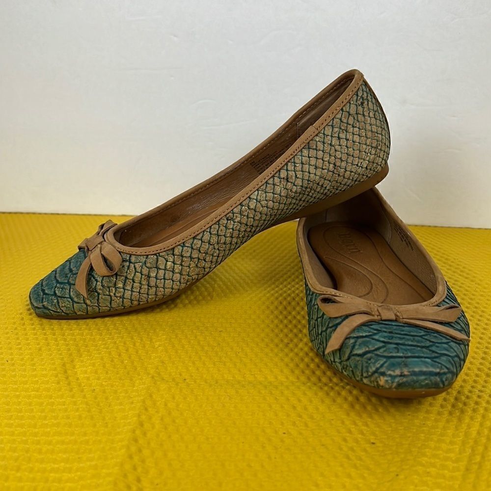 Born Carri Snakeskin Cork Tan Teal Bow Flats 6‎
